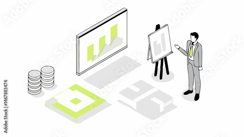 Businessman presenting data analysis report showcasing financial growth strategy Clean isometric