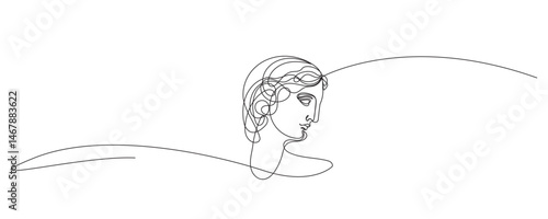 Line Antique Statue Head Sketch Illustration. Ancient God One Editable Line Art Drawn Classic Portrait. Classic Culture Museum Statue Head Doodle Graphic Line One Monoline Vector Illustration.	