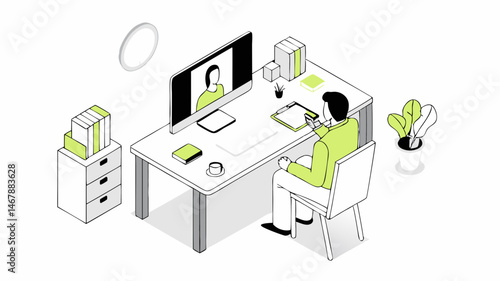 Remote work video conference call man at desk online meeting modern workspace productive