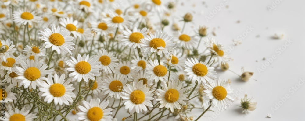Fototapeta premium Crisp image of dried chamomile, loose blossoms, stark white backdrop , organic, dry, nature