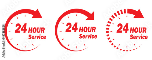 Set of Red 24h service duration icon collection. Support 24 hours, Support service symbol. 24 hours red icon vector set. Red 24 hour service icon. 24 hours order execution or delivery service icon. 