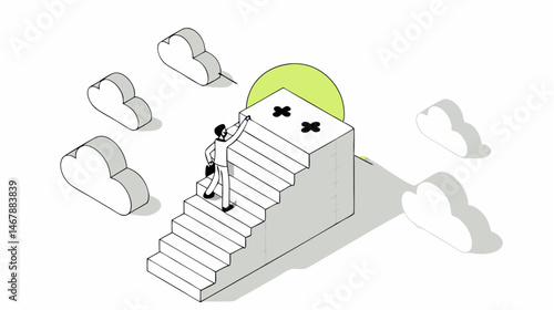 Person climbing stairs towards sunlight overcoming challenges achieving goals simple illustration