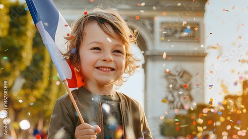 Fototapeta Naklejka Na Ścianę i Meble -  Child joyfully celebrates Bastille Day while holding a French flag near iconic Arc de Triomphe in Paris during festivities