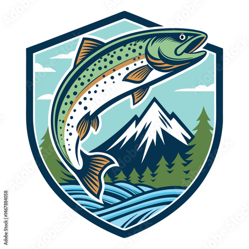 Design a vintage-style fishing club badge featuring a leaping trout, incorporating flowing water and possibly fishing rods.  Include space for club name.
