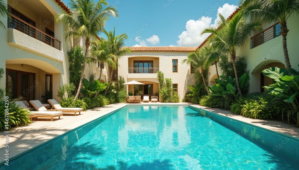 custom made wallpaper toronto digitalLuxury tropical resort with sparkling pool surrounded by rich landscaping. Serene patio with lounge chairs invites relaxation, vacation mood. Palm trees, blue sky creates paradise vacation atmosphere.