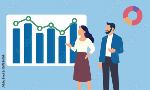business woman with chart and man bussines cahr diagrams business presentation flat design illustration