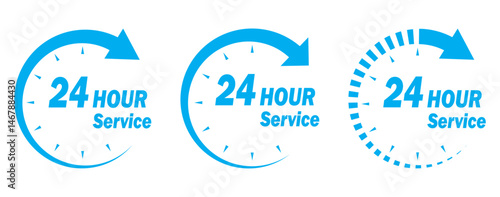 Blue 24 hour service icon vector set.  24 hours order execution or delivery service icon. Set of blue 24h service duration icon collection. Support 24 hours, Support service symbol. 24 hours icon. 