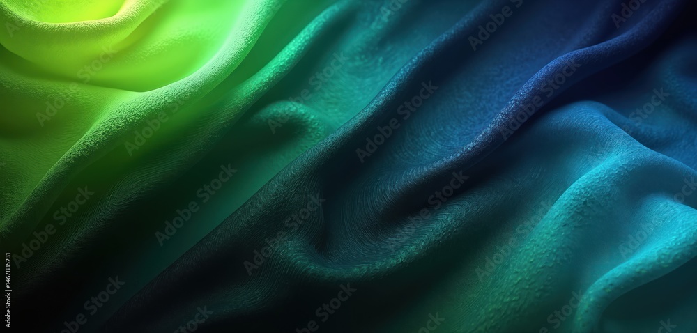 Obraz premium Abstract illustration shows draped fabric with lime green blue color gradient on black backdrop. Textured surface with lines, waves. Bright neon shades create glow shine. Suitable for design