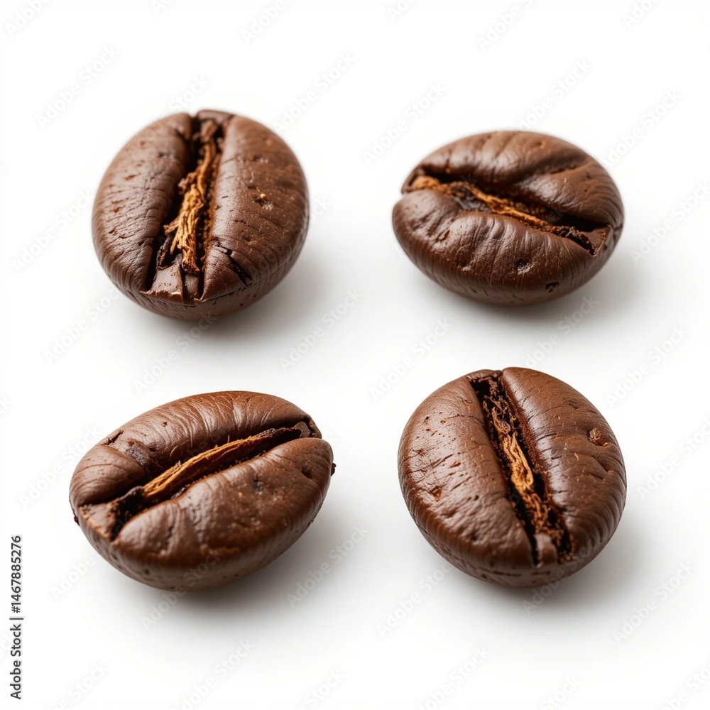 Fototapeta premium Close-up of four roasted coffee beans on white background