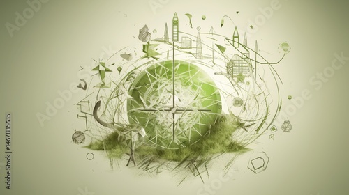 Abstract, green sphere, surrounded by sketches