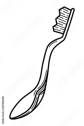 Black and white illustration of a manual toothbrush in a minimalist hand-drawn style. Perfect for dental care infographics, hygiene product packaging, children's educational materials, and oral health