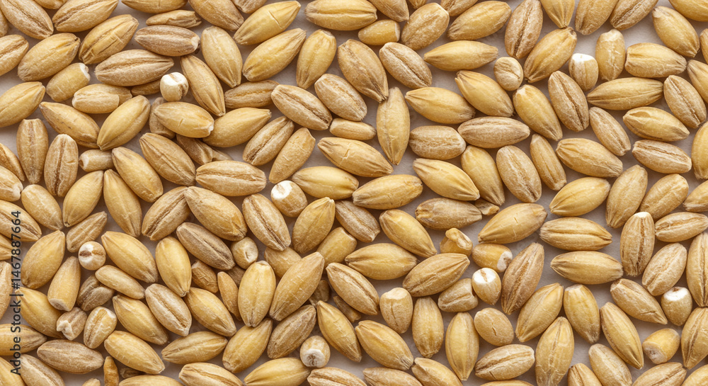 Fototapeta premium High-Resolution Close-Up of Pearl Barley Grains: A Detailed Texture of Golden-Beige Cereal Seeds for Culinary and Agricultural Use