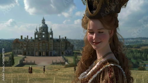 A stunning woman in an elegant countess outfit captures the essence of the medieval era, standing gracefully against a majestic castle backdrop. A perfect blend of history and beauty.