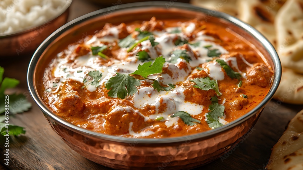 Butter chicken curry in copper dish high resolution picture Butter chicken curry in copper dish high resolution picture