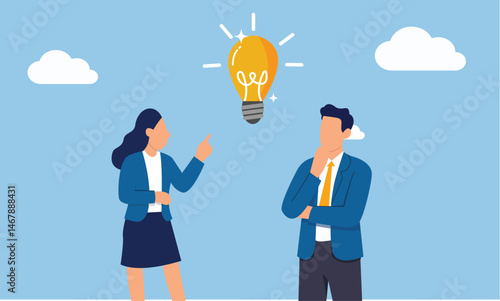 Sparking Innovation: Two figures engage in a dynamic discussion beneath a radiant light bulb. Illustrating the pivotal moment of idea generation, innovation, creativity.