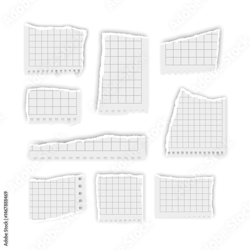 Torn pieces of notebook paper on a white surface