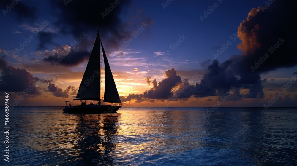 Fototapeta premium Sailing into the sunset with vibrant clouds reflecting on tranquil water