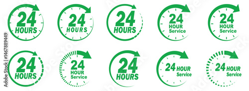 24 hour service icon vector set.  24 hours order execution or delivery service icon. Set of 24h service duration icon collection. Support 24 hours, Support service symbol. 24 hours icon. 