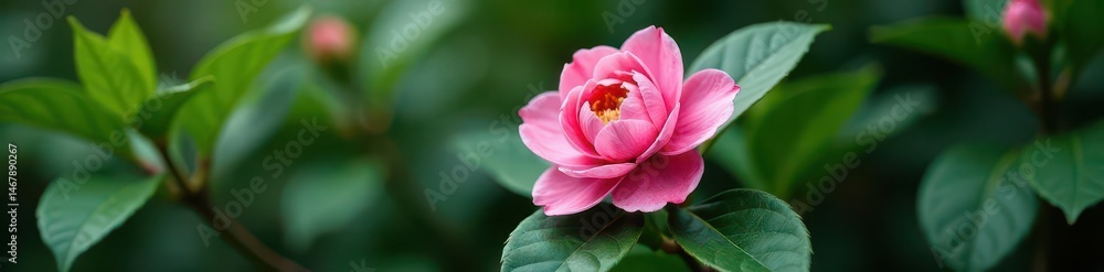 Fototapeta premium Single pink camellia nestled in rich mixed greens , petals, greenery
