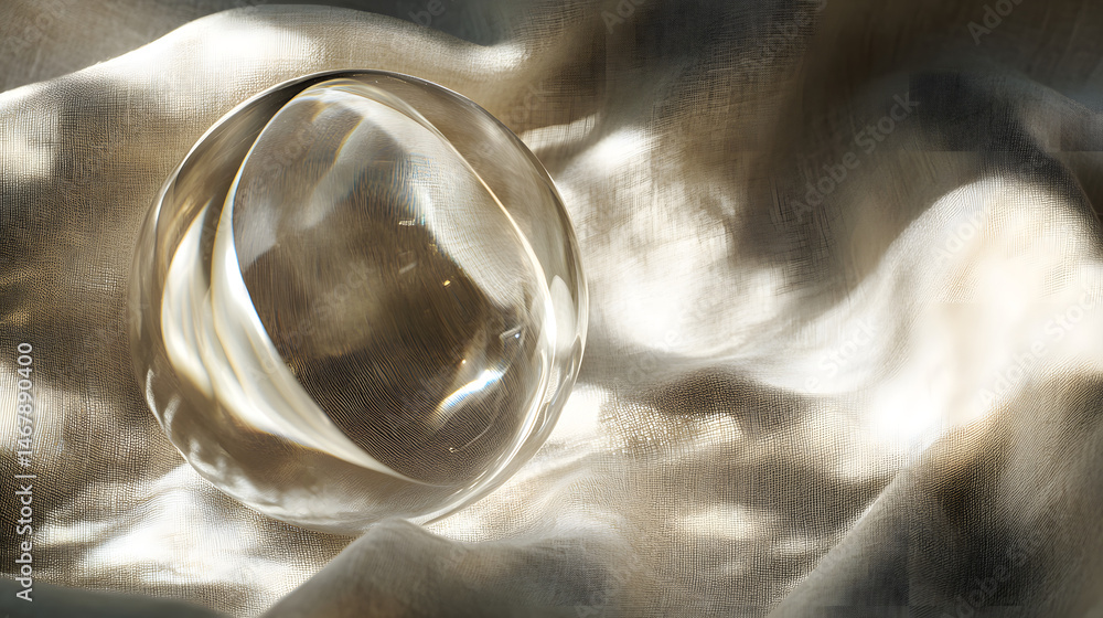 Transparent Sphere on Fabric: A crystal-clear glass sphere rests delicately atop luxurious, flowing fabric, its transparent surface reflecting the subtle play of light and shadow. Transparent Sphere on Fabric: A crystal-clear glass sphere rests delicately atop luxurious, flowing fabric, its transparent surface reflecting the subtle play of light and shadow.