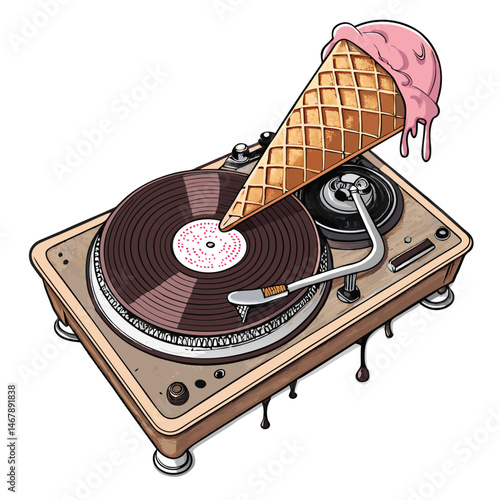 Surreal image of a turntable shaped like an ice cream cone, with melting ice cream resembling record drips, showcasing a brow-like texture.