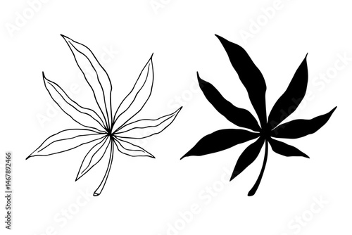 Linear sketch, doodle, silhouette of an autumn leaf. Vector graphics.