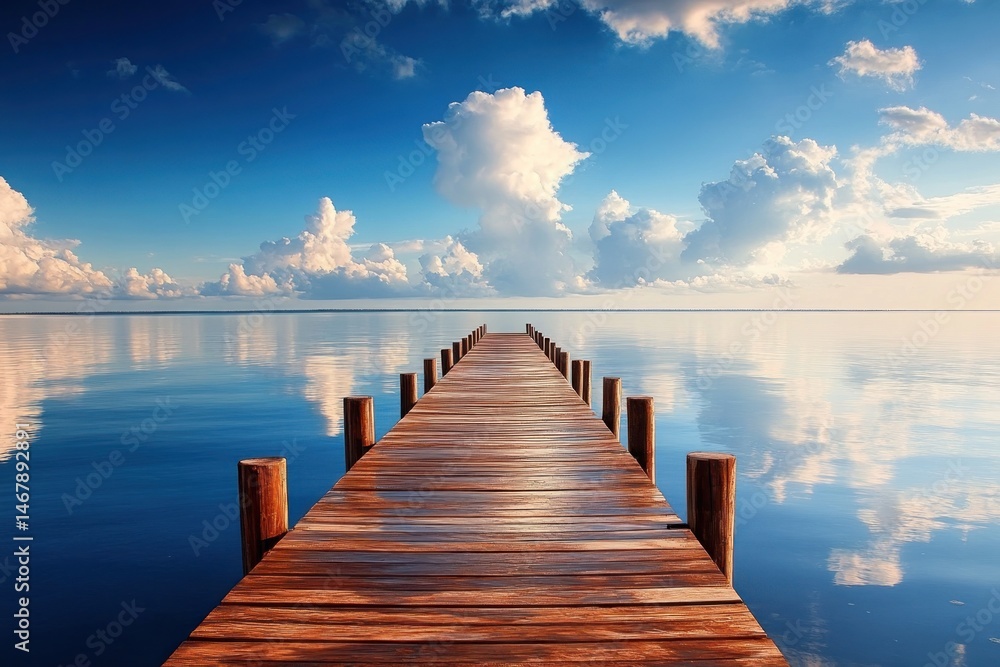 Tranquil Wooden Dock Extending into Serene Ocean Waters under a Cloudy Sky Tranquil Wooden Dock Extending into Serene Ocean Waters under a Cloudy Sky