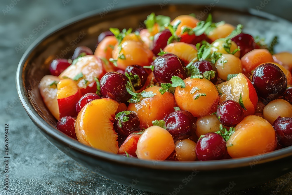 fruit salad with a mix of seasonal fruits, including peaches, cherries, and plums fruit salad with a mix of seasonal fruits, including peaches, cherries, and plums