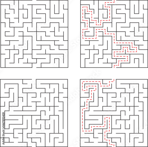 Four square mazes with various routes to solve illustrating challenges and solutions for problem solving concepts