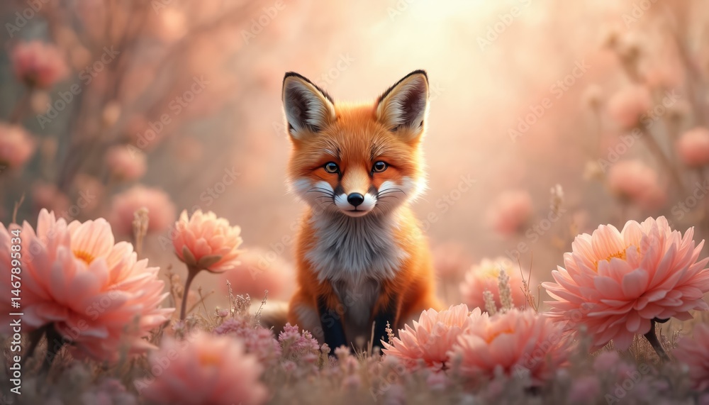 Fototapeta premium Fox surrounded by beautiful pastel flowers in dreamy surrealism aesthetic. Dreamy background, muted pastel colors. AI generated illustration, perfect for various design projects, print, posters,