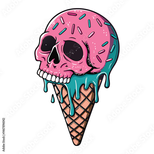 Surreal melting skull-shaped ice cream cone dripping neon green, vibrant colors, whimsical, dark fantasy art.