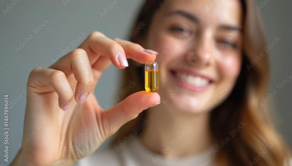 Smiling female hand holds gel capsule health supplement. Woman smiles, holding medication. Healthcare, wellbeing concept. Nourishment, vitamin, supplement. Medical, wellness, beauty, healthy Smiling female hand holds gel capsule health supplement. Woman smiles, holding medication. Healthcare, wellbeing concept. Nourishment, vitamin, supplement. Medical, wellness, beauty, healthy