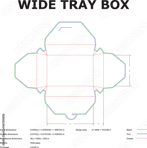 Wide tray box packaging design layout with dimensions and specifications for crafting or design