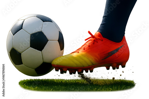 Obraz na płótnie Soccer background concept, football banner with copy space text, foot kicking ball at goal, soccer game, match, transparent background w salonie