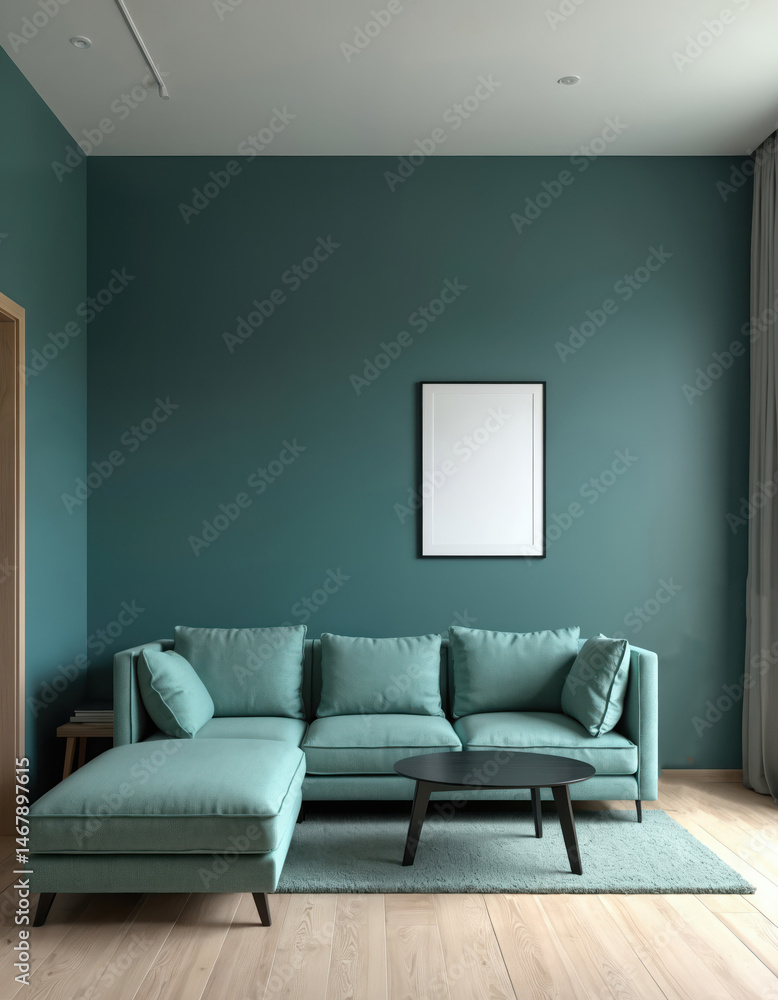 Fototapeta premium Modern apartment interior with empty living room and blank blue wall. Comfortable corner sofa stands on rug. Wooden floor, minimalist design, luxury apartment, mockup empty frame for art decor.