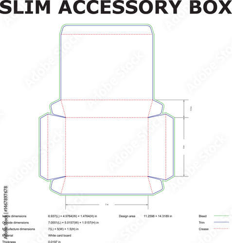 Detailed technical diagram for a slim accessory box packaging layout with measurements and dimension details.