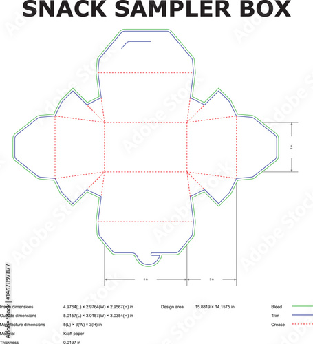Detailed packaging design for a snack sampler box with dimensions and crease lines on white background