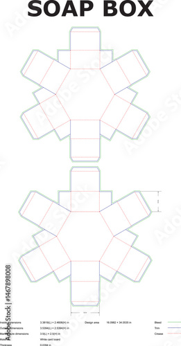 Detailed vector layout of a soap box packaging die cut with specific dimensional information