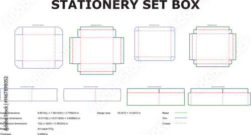 Detailed technical templates for a square stationery set box die cut design with measurements