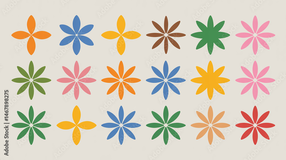A collection of 20 geometric flower and star patterns arranged in a 5x4 grid on a light beige background A collection of 20 geometric flower and star patterns arranged in a 5x4 grid on a light beige background