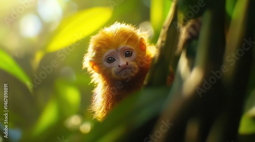 Playful infant monkey in vibrant jungle, small golden fur and bright eyes among lush green foliage, perfect for wildlife themes. photo