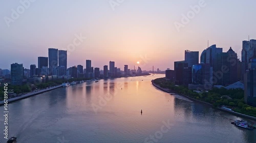 Wallpaper Mural 4K real time Aerial view of Shanghai skyline in downtown and Huangpu river at sunrise. Torontodigital.ca