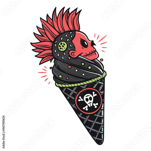 A rebellious ice cream cone with a vibrant mohawk, nose ring, and studded patches, embodying punk rock aesthetics.
