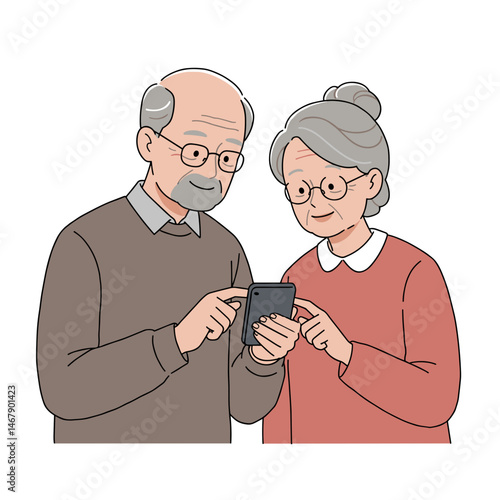 Elderly couple teaching each other new phone features, embracing technology together
