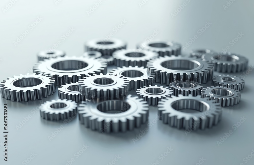 Interlocking gears on smooth surface. Metal cogs represent synergy of tech, automation. Engineering, innovation business processes. Technology development, workflow optimization, collaboration, Interlocking gears on smooth surface. Metal cogs represent synergy of tech, automation. Engineering, innovation business processes. Technology development, workflow optimization, collaboration,