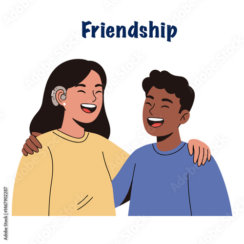  Two friends celebrating friendship, one being hard of hearing with a hearing aid, showcasing inclusion
