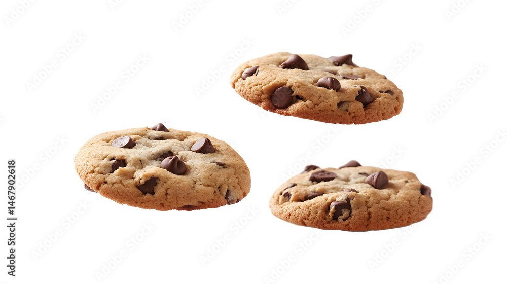 Chocolate Chip Cookie Trio: A trio of golden-brown chocolate chip cookies with soft, chewy edges and rich, melty chocolate chips suspended in mid-air against a white background.