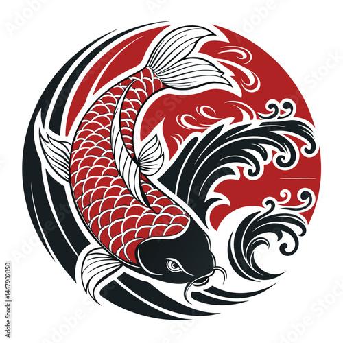 Design a logo featuring a samurai helmet incorporating a koi fish, set against a red brushstroke wave background.  Include a crest-like design element.