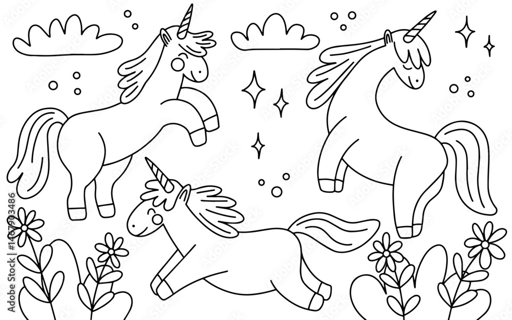 Fototapeta premium Unicorns coloring page with clouds and stars. Vector unicorns sketch set