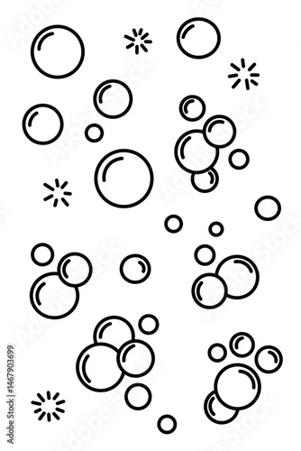 Black outline illustration of soap bubbles and sparkle symbols on a white background. The minimalist design features various sizes of round bubbles, often grouped together, with accent star-like